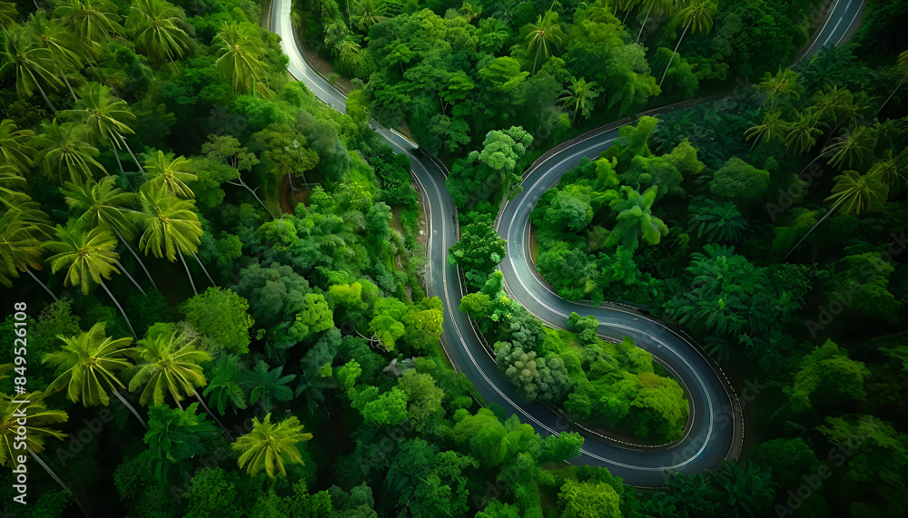 Winding road, top view of beautiful aerial view of asphalt road, highway through forest and fields in rainy season Winding road, top view of beautiful aerial view of asphalt road, highway through forest and fields in rainy season