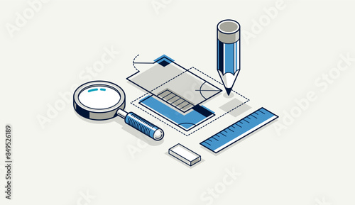 Engineering project concept, blueprint engineer work vector 3D isometric illustration, abstract draft drawing, cad technical plan.