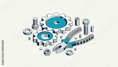 Auto service concept, gears and tools in 3D isometric projection vector illustration, automobile car repair garage workshop, fix the breakage.