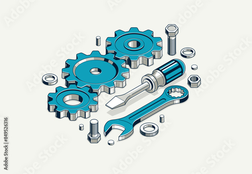 Repair and maintenance concept, technics service, gears and tools in 3D isometric projection vector illustration, technical mechanical workshop.