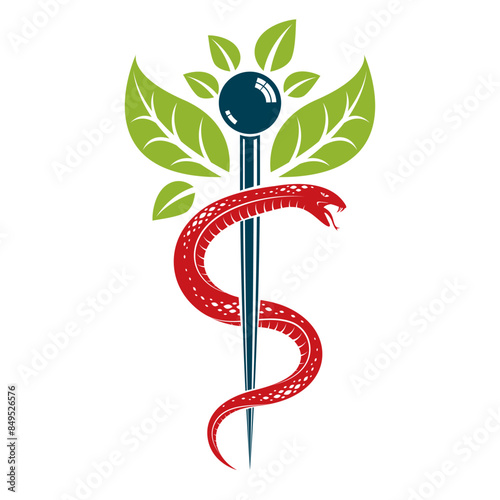 Caduceus medical symbol, graphic vector emblem for use in healthcare. Phytotherapy metaphor.