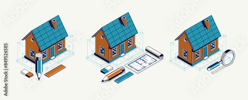 House project concept set, 3D isometric vector illustration of a small house and blueprint building project, construction architectural model, residential family small house.