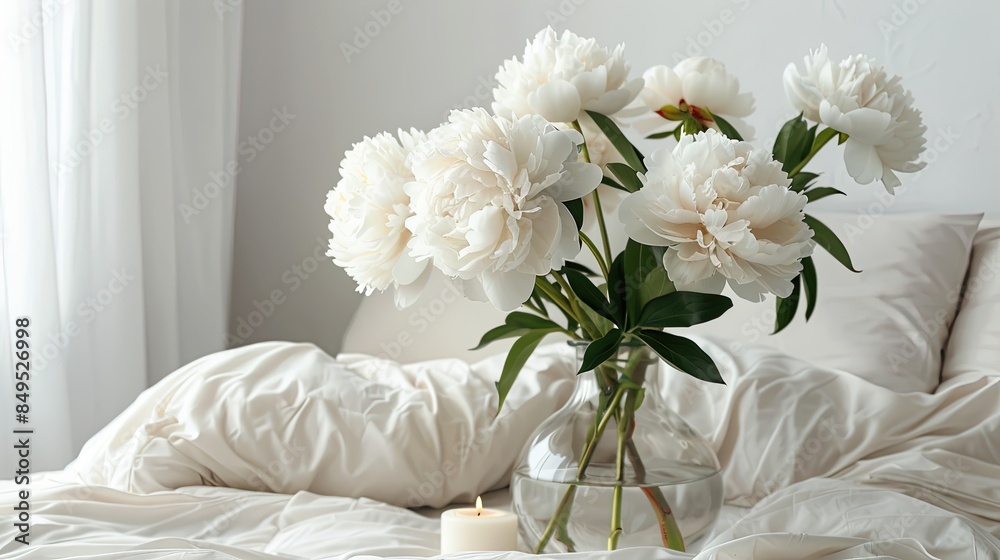White wall background, bedside table with vase of white peonies and candle on it, side view, bed in the foreground, home interior design White wall background, bedside table with vase of white peonies and candle on it, side view, bed in the foreground, home interior design
