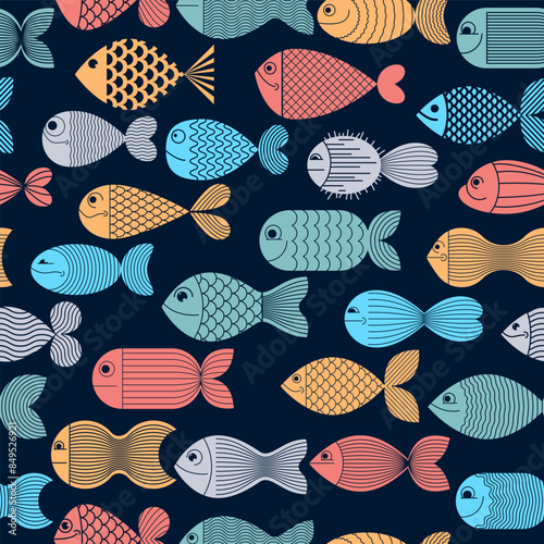 Cute fiches seamless background, seamless pattern, cute childish background for children textile or wrapping paper or packaging for seafood products.