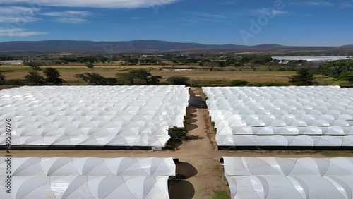 Vertical video drone advancing over a field and some nurseries on a ranch in Jalisco, Mexico photo