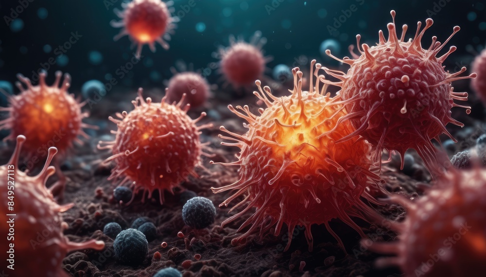 Microscopic view of red viruses, with detailed spiky surfaces, floating in a dark environment, representing the intricacies of viral structures and their impact on health Microscopic view of red viruses, with detailed spiky surfaces, floating in a dark environment, representing the intricacies of viral structures and their impact on health