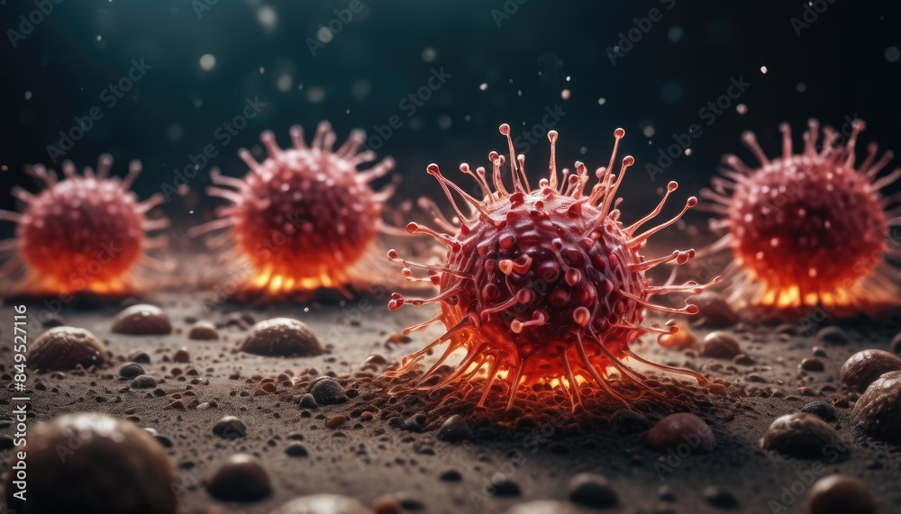 A vivid illustration of red, spiky viruses against a dark background, capturing the complexity and menacing appearance of these tiny infectious agents