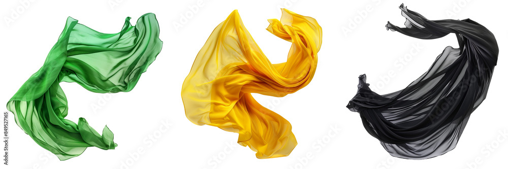 Set of Capture the whimsical flight of Golden, Green, Black drapery fabric as it seems to defy gravity isolated on transparent background Set of Capture the whimsical flight of Golden, Green, Black drapery fabric as it seems to defy gravity isolated on transparent background