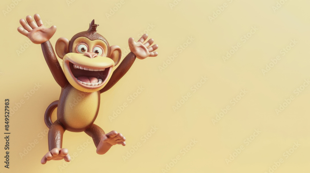 happy cartoon monkey jumping and waving with a big smile on a yellow background with copy space happy cartoon monkey jumping and waving with a big smile on a yellow background with copy space