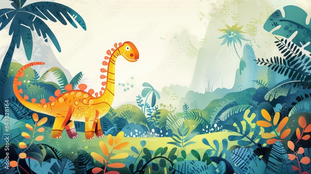 Obraz premium A whimsical and vibrant prehistoric dinosaur cartoon brimming with joy and humor designed as an isolated illustration specifically tailored for children