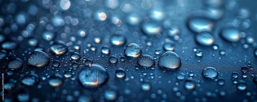 Close-up of water droplets on dark blue background with light reflections