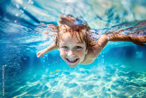A joyful child swimming underwater in a bright blue pool. The child is smiling, capturing a sense of fun and adventure in the clear water.