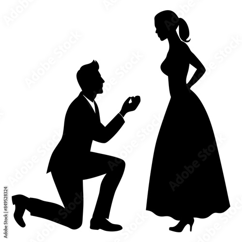  A man kneeling proposing to a woman in silhouette vector illustration