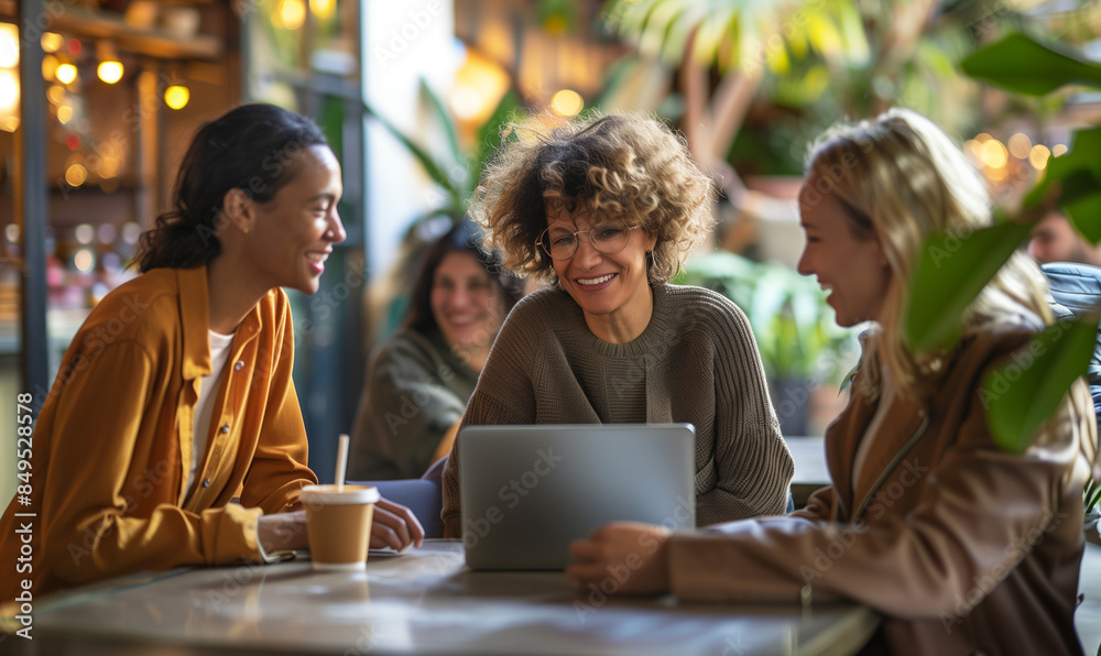 Diverse Group of Women Collaborating and Smiling at a Cafe with a Laptop Diverse Group of Women Collaborating and Smiling at a Cafe with a Laptop