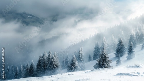 Facing a snowstorm in a mountain scene with fir trees on snow filled field severe winter weather brings fog and clouds to the far off valley