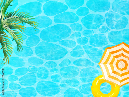 Stylish summer frame background with yellow floats and palm leaves floating on the beautiful sea seen from above.