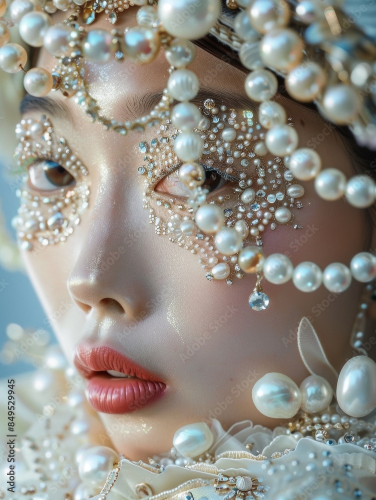 A woman with a pearl headpiece and makeup A woman with a pearl headpiece and makeup