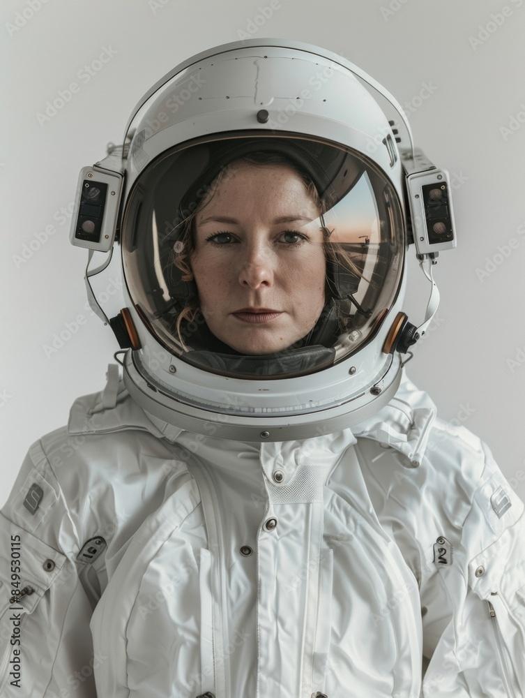 A woman in a white space suit with a helmet on her head A woman in a white space suit with a helmet on her head