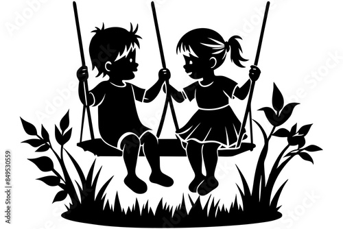 Vector silhouette of two cute siblings swinging on a field