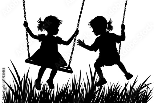 Vector silhouette of two cute siblings swinging on a field