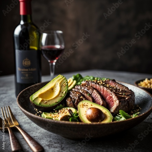 Avacado and meat steak bowl  photo