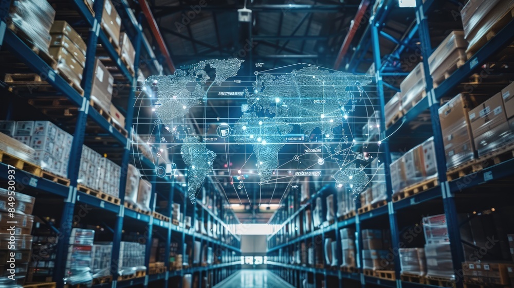 A digital blue background with icons of cargo boxes, a world map and a flying truck on the right side in front of warehouse shelves.