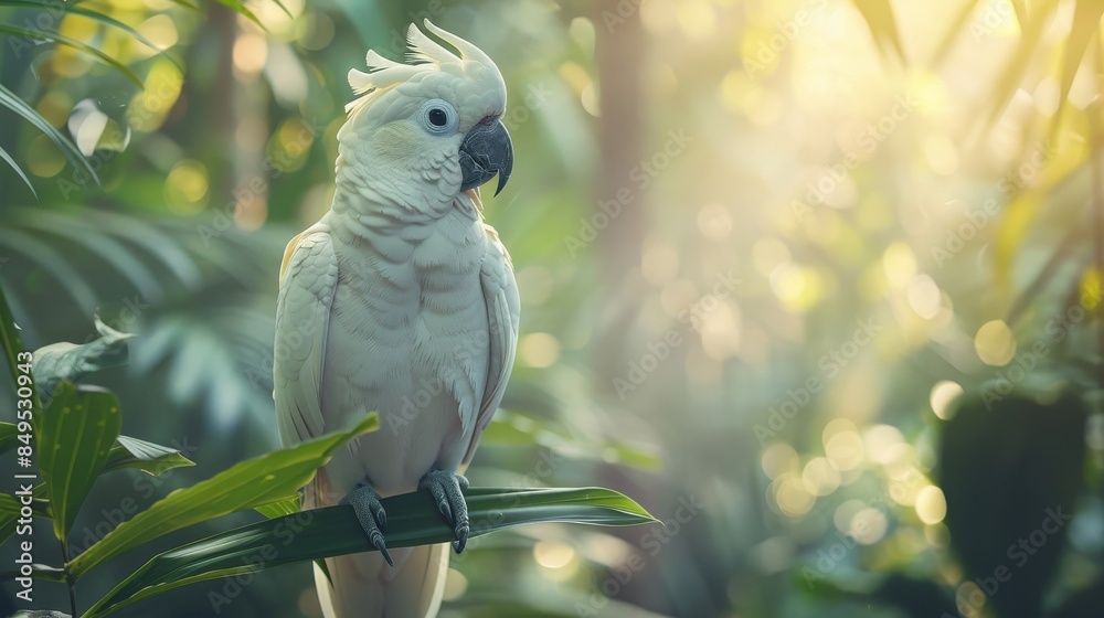 Photo realistic white parrot perched amidst a lush, green forest background, detailed feathers, soft blur of the forest creating depth, bird standing out vividly Photo realistic white parrot perched amidst a lush, green forest background, detailed feathers, soft blur of the forest creating depth, bird standing out vividly