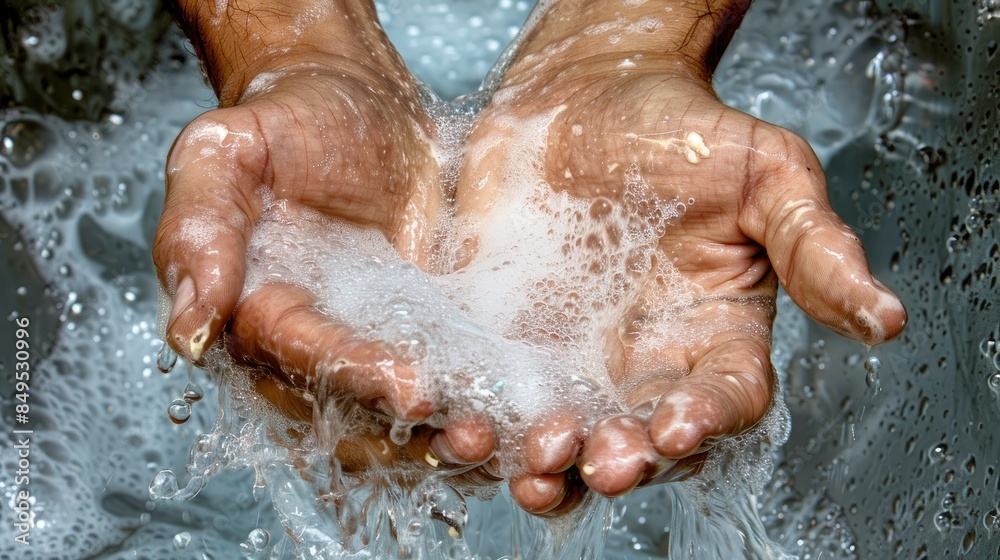 a man washing his hands with soap in a close-up photo, focusing on a white sink against an isolated background, with elements of a bathroom and flowing water visible. a man washing his hands with soap in a close-up photo, focusing on a white sink against an isolated background, with elements of a bathroom and flowing water visible.