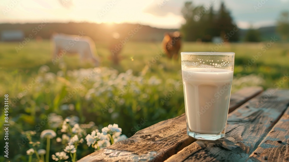Rustic table with a glass of milk, beautiful farm meadow in the background, cows grazing, soft sunlight casting gentle shadows Rustic table with a glass of milk, beautiful farm meadow in the background, cows grazing, soft sunlight casting gentle shadows