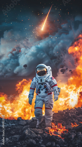 Astronaut walks through a fiery landscape with a meteor in the sky.