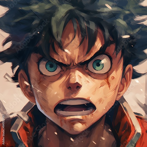 A close-up portrait of a hero character inspired by My Hero Academia, intense expression