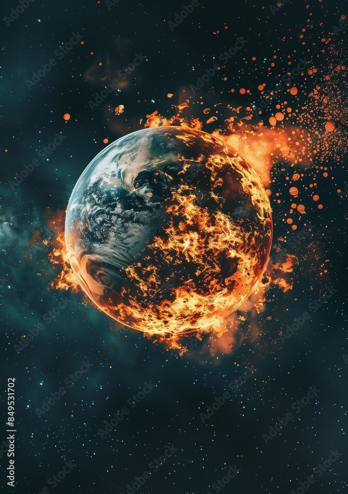Earth engulfed in flames against a starry background. Earth engulfed in flames against a starry background.
