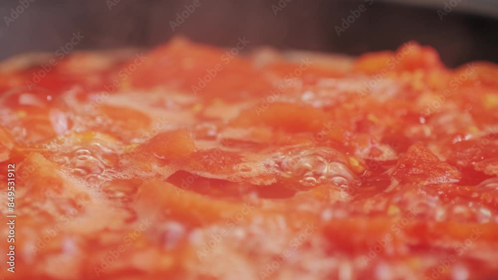 Cooking fresh peeled canned tomato Juice sauce in pan, peeled tomatoes boiling in their own juice, making tomatoes pasta sauce .Top view close up, Italian traditional cuisine food. Cooking fresh peeled canned tomato Juice sauce in pan, peeled tomatoes boiling in their own juice, making tomatoes pasta sauce .Top view close up, Italian traditional cuisine food.