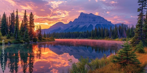 Fototapeta Naklejka Na Ścianę i Meble -  Breathtaking sunset over serene mountain lake with vibrant reflections, evergreen trees, colorful sky, and tranquil wilderness ambiance. Natural beauty scene.