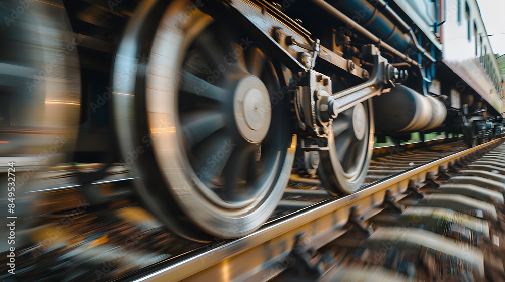 Fototapeta premium A train is shown in motion with its wheels in the foreground