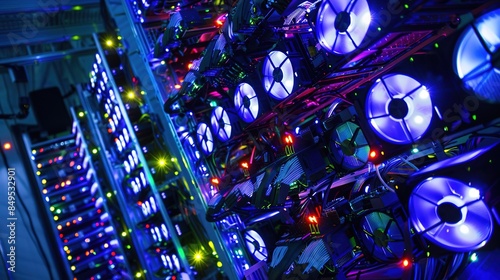 Advanced data center infrastructure with glowing LEDs: close-up of high-tech server racks illuminated with vibrant blue and green LEDs photo