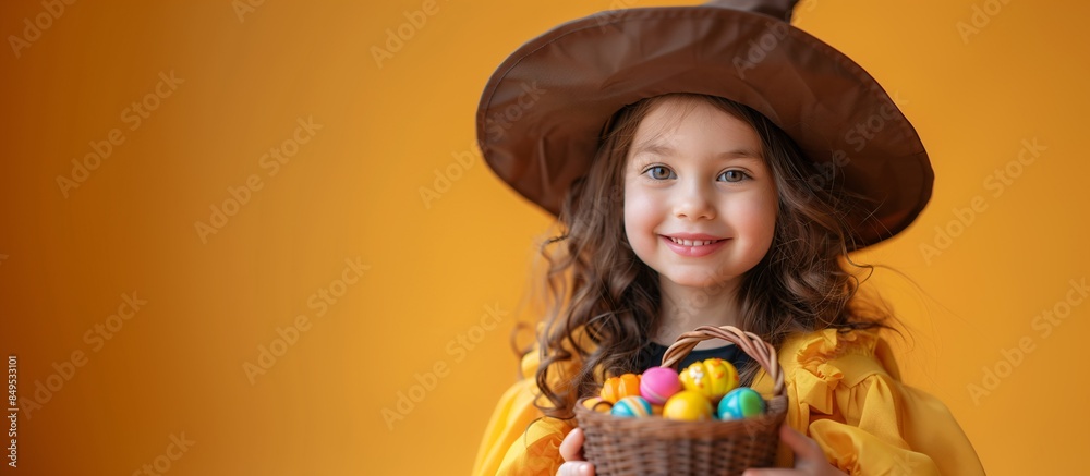 Smiling girl dressed as a witch holding a small basket full of sweets, solid yellow background, Halloween Party, copy space. Smiling girl dressed as a witch holding a small basket full of sweets, solid yellow background, Halloween Party, copy space.