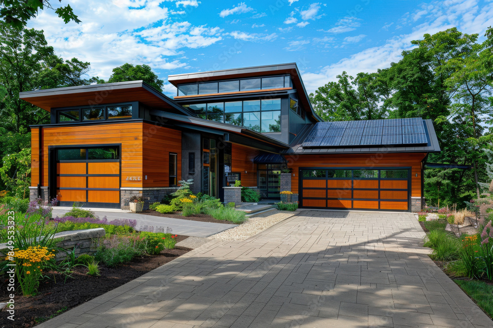 Modern, eco-friendly home with solar panels is shining on a beautiful summer day Modern, eco-friendly home with solar panels is shining on a beautiful summer day