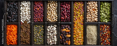 A box of different kinds of nuts including beans and nuts Background of assorted grains and beans in sections Cooking ingredients selection of legumes and beans showcase of natural diversity.