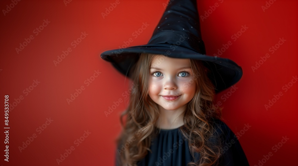 Little girl dressed as a witch against a solid red background, Halloween celebration with copy space. Little girl dressed as a witch against a solid red background, Halloween celebration with copy space.