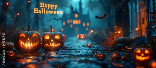 Two Jack-o'-lanterns together on a cobblestone path, with the phrase 'Happy Halloween,' eerie landscape, castle, full moon, and bats flying, 3D Rendering, Copy Space. photo