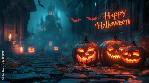 Three Jack-o'-lanterns together on a cobblestone path, with the phrase 'Happy Halloween,' eerie landscape, castle, full moon, and bats flying, 3D Rendering. photo