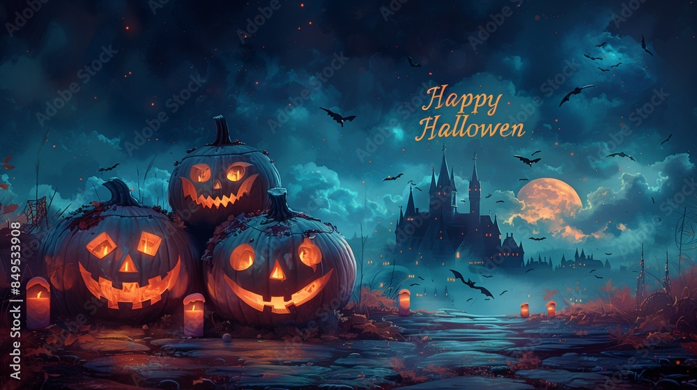 Fototapeta premium Three Jack-o'-lanterns together on a cobblestone path, with the phrase 'Happy Halloween,' eerie landscape, castle, full moon, and bats flying.