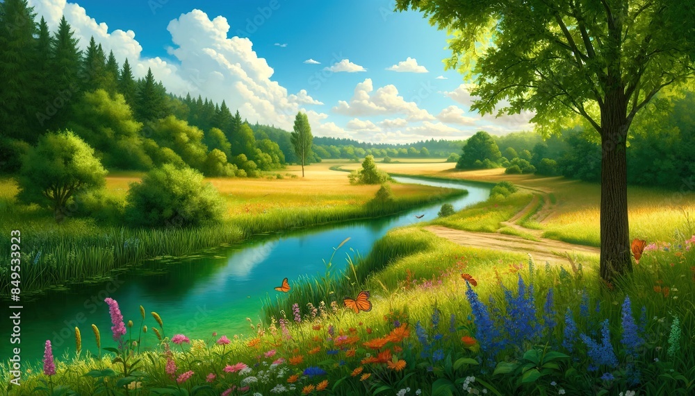 Summer landscape 12 - winding river and forest on the banks of the river, thickets of wild grasses and flowers, blue sky with white clouds on a sunny day Summer landscape 12 - winding river and forest on the banks of the river, thickets of wild grasses and flowers, blue sky with white clouds on a sunny day