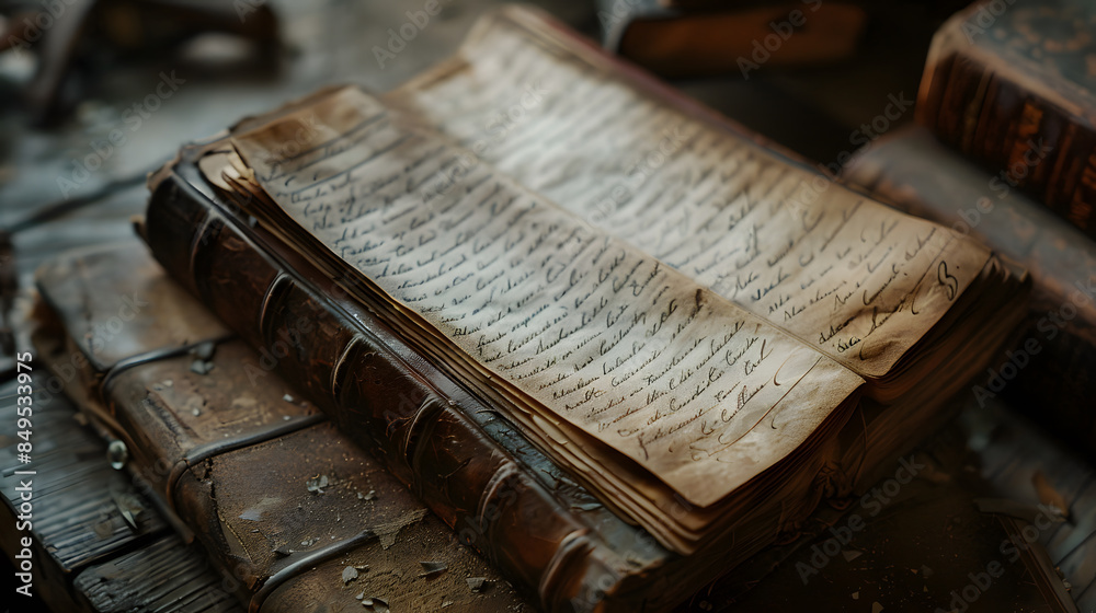 A book with a handwritten page is open on a table A book with a handwritten page is open on a table