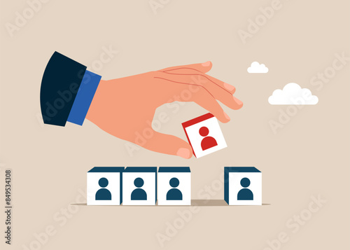 Businessman hand chooses a employees out of row of cubes. Attracting new customers or followers. Flat vector illustration