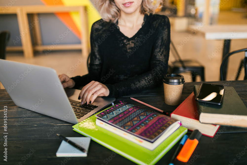 Fototapeta premium young woman working on laptop in co-working office