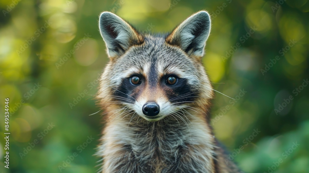 A close-up portrait of a raccoon looking directly at the camera, with a blurred green forest background A close-up portrait of a raccoon looking directly at the camera, with a blurred green forest background