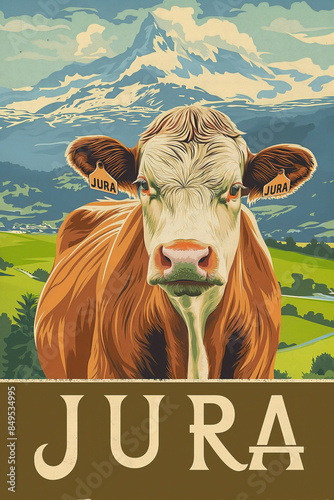Vintage poster showcases the picturesque landscapes and Montbéliarde cows of the Jura region in France. photo