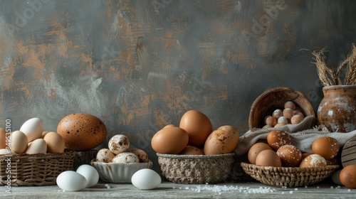 Different kinds of salted eggs displayed on a vintage backdrop photo